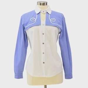 80s Vintage Western Keyhole Top Womens S Embroidered Rodeo Blouse Blue White 90s